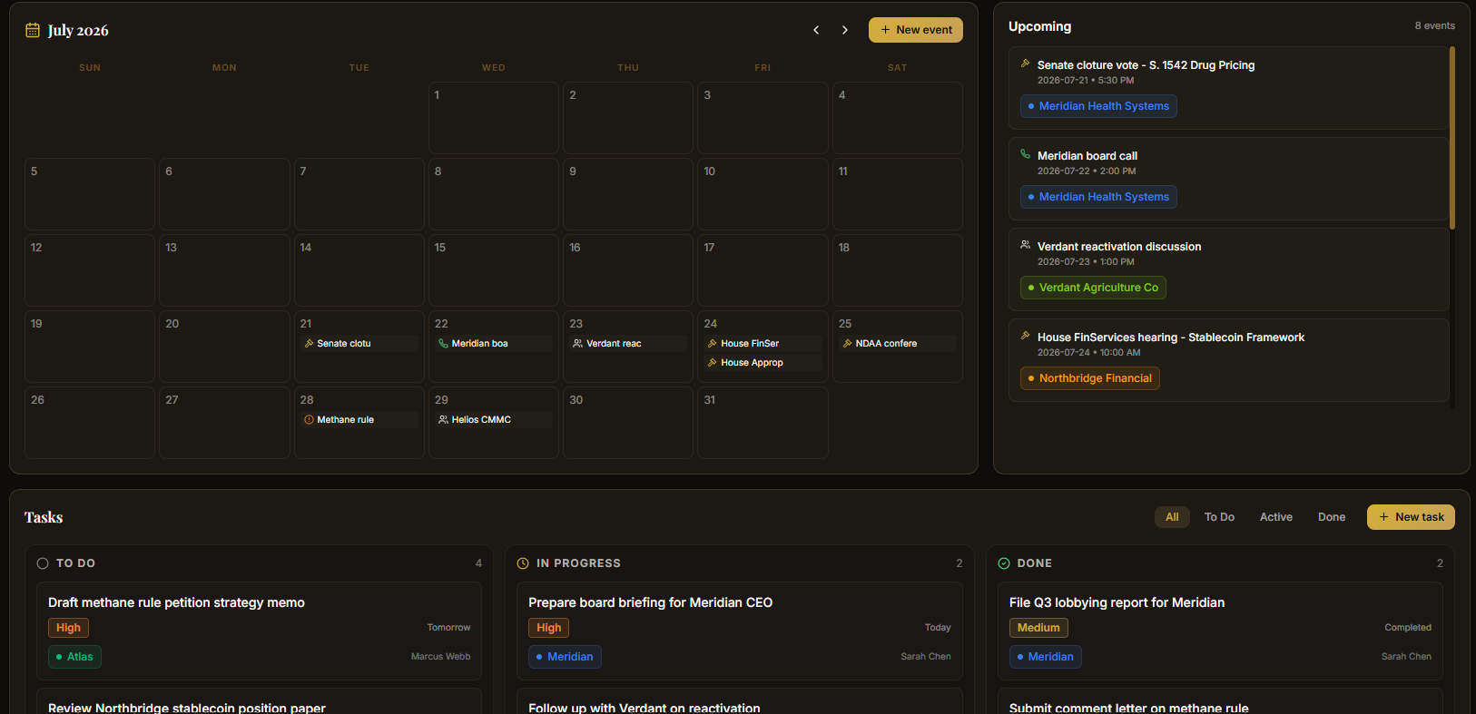 Calendar and Tasks screen with monthly calendar, task board, and reminders