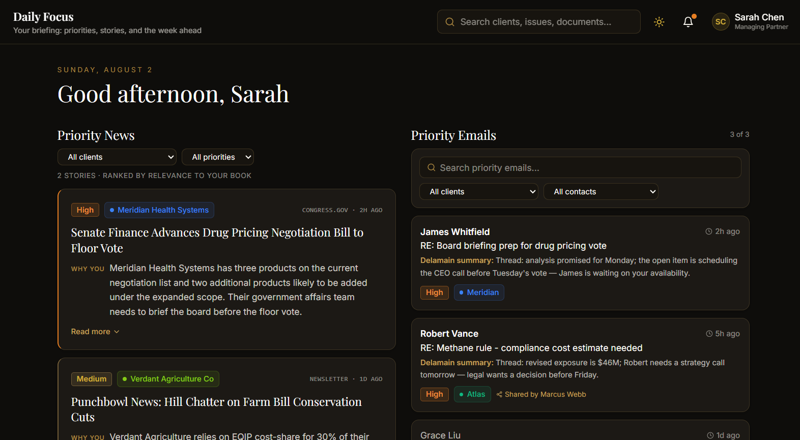 Daily Focus screen: priority news and priority emails ranked by client relevance